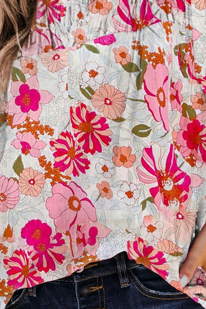 Floral Round Neck Balloon Sleeve Blouse.