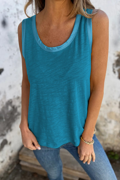 Peacock Blue Metallic Sheen Edge Scoop Neck Tank Top