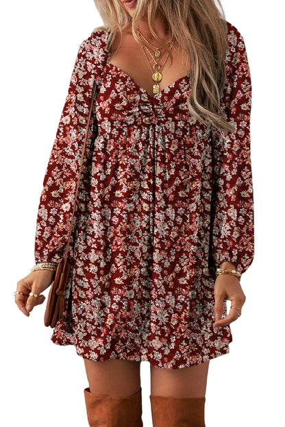 Charming red floral sweetheart mini dress with shirred back and bubble sleeves