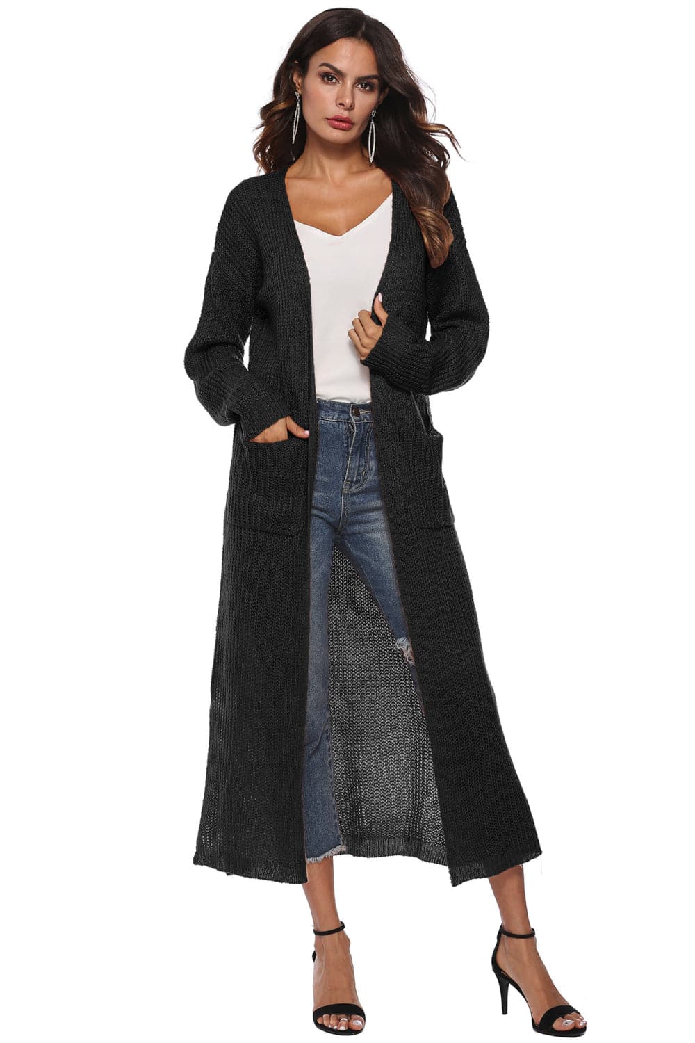 Long Sleeve Open Front Buttoned Cardigan.