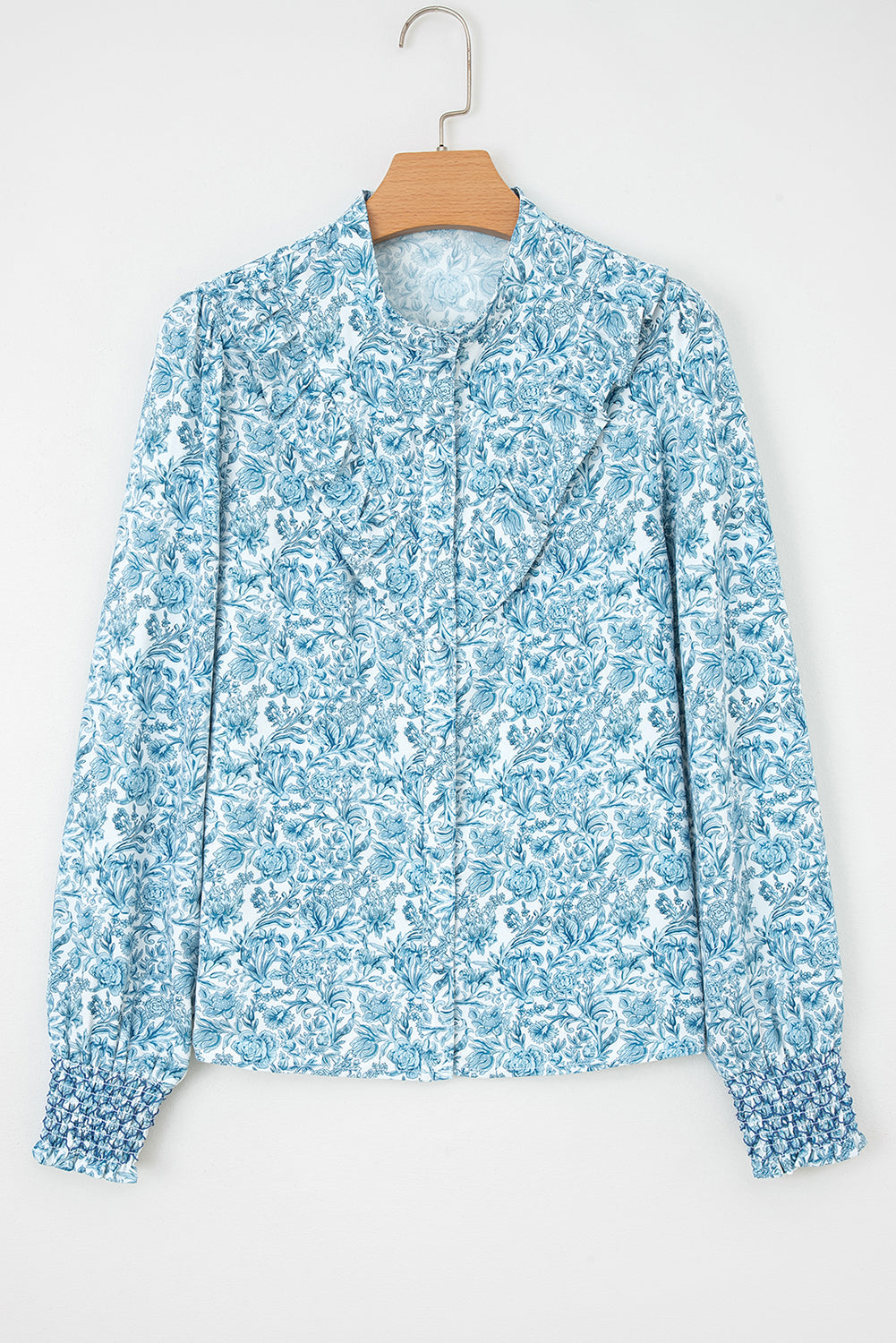 Premium Sky Blue All Over Floral Puff Sleeve Shirt For Women Dear-Lover Dropshipping