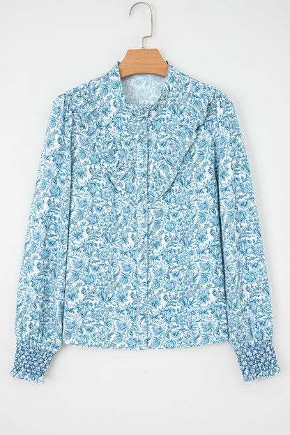 Premium Sky Blue All Over Floral Puff Sleeve Shirt For Women