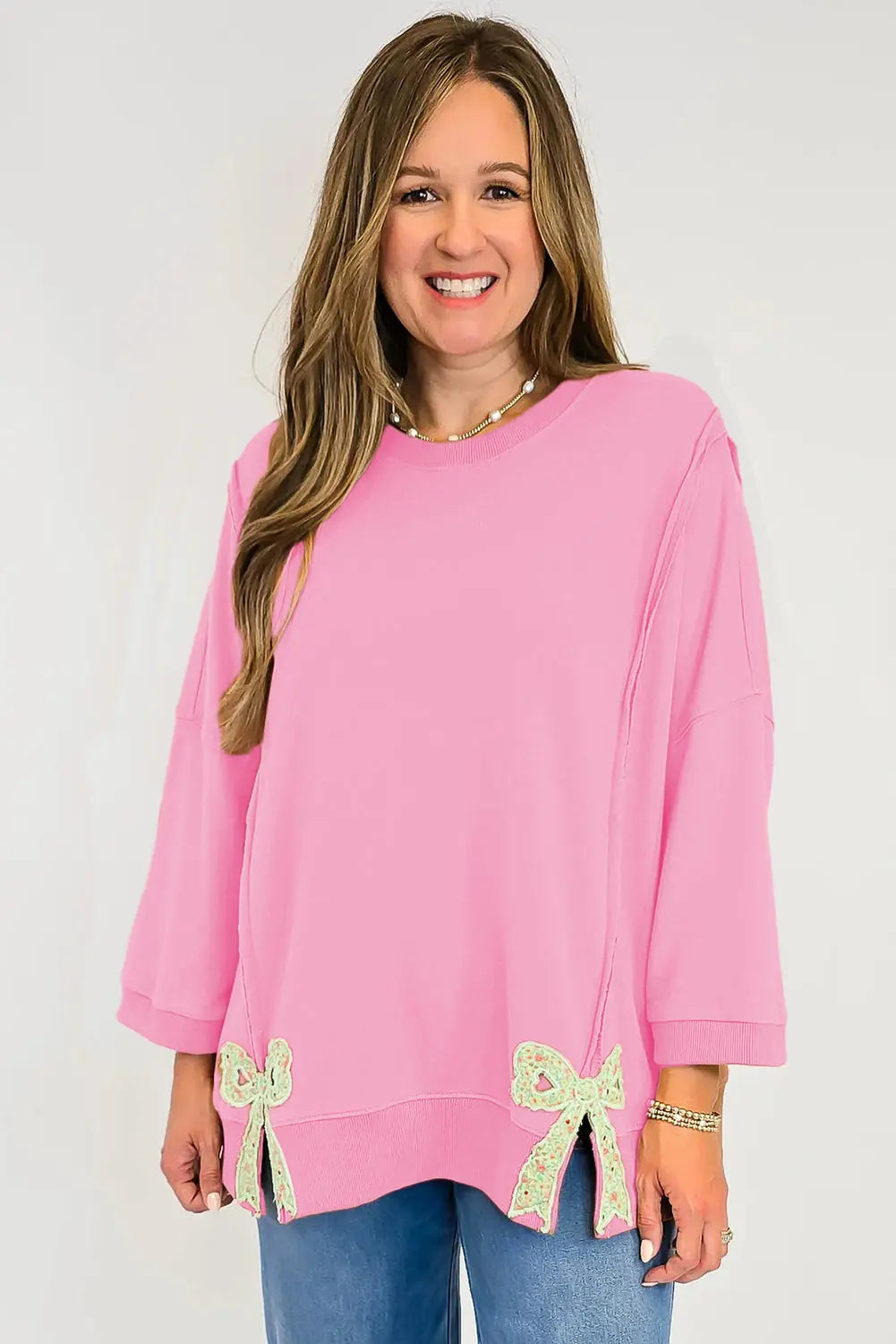 Pink Floral Bow Patched Patchwork Exposed Seam Slit Baggy Sweatshirt Dear-Lover Dropshipping