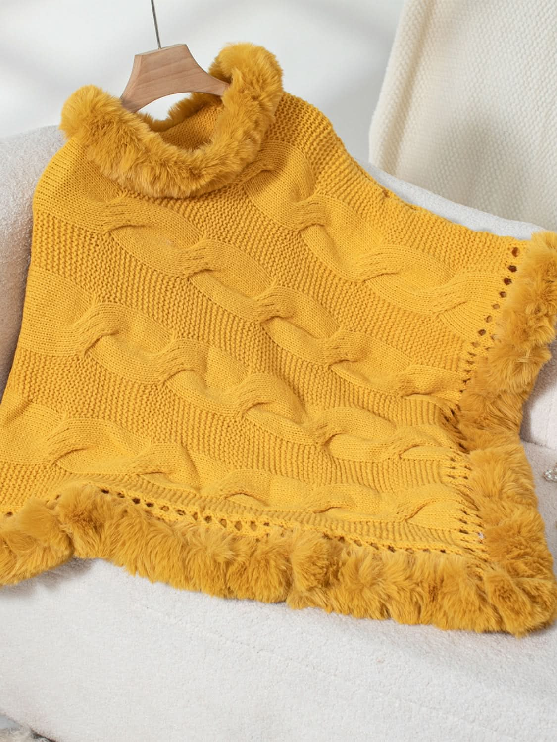 Cozy Cable-Knit Fuzzy Hem Poncho