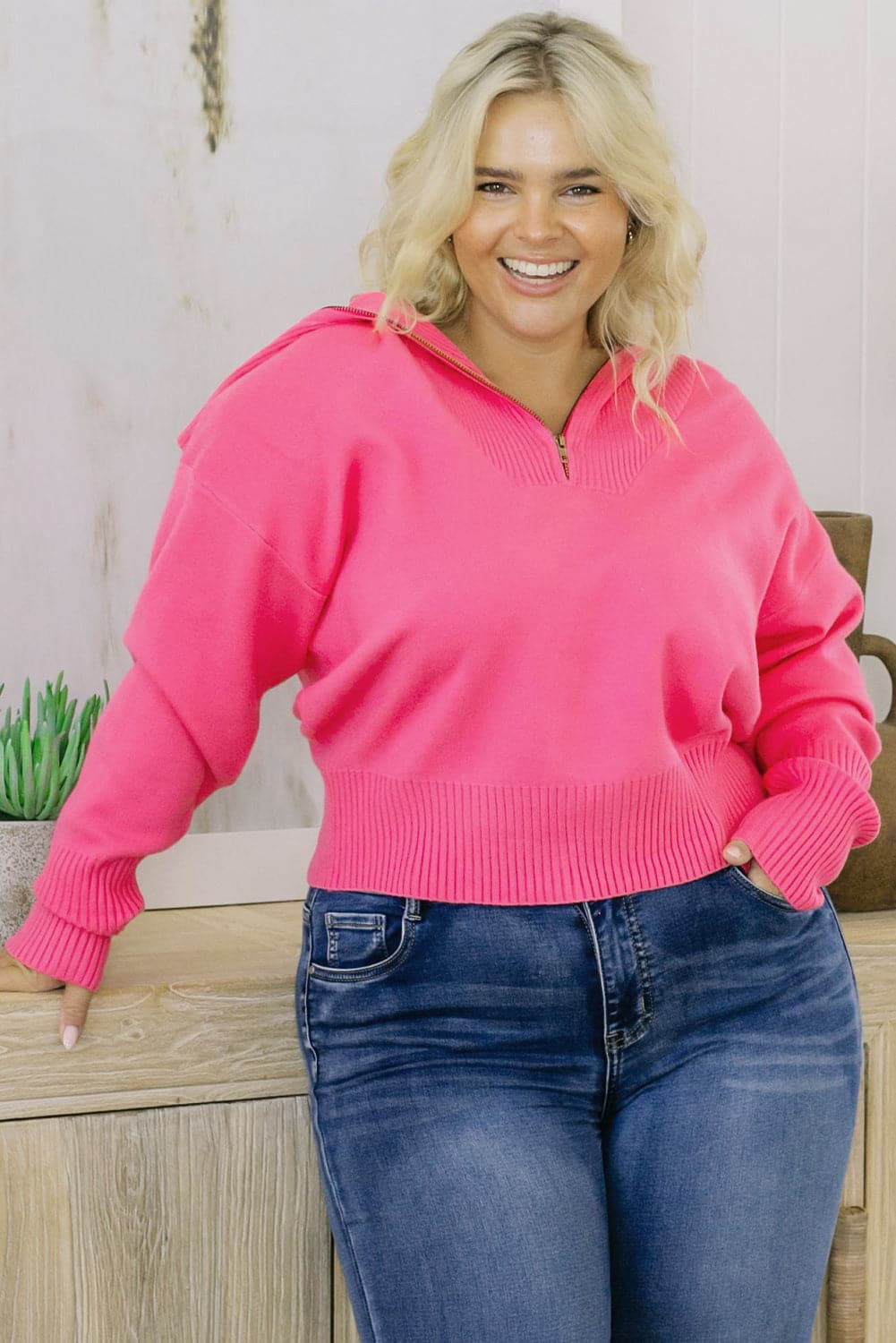 Plus Size Collared Neck Zip-Up Long Sleeve Sweater.