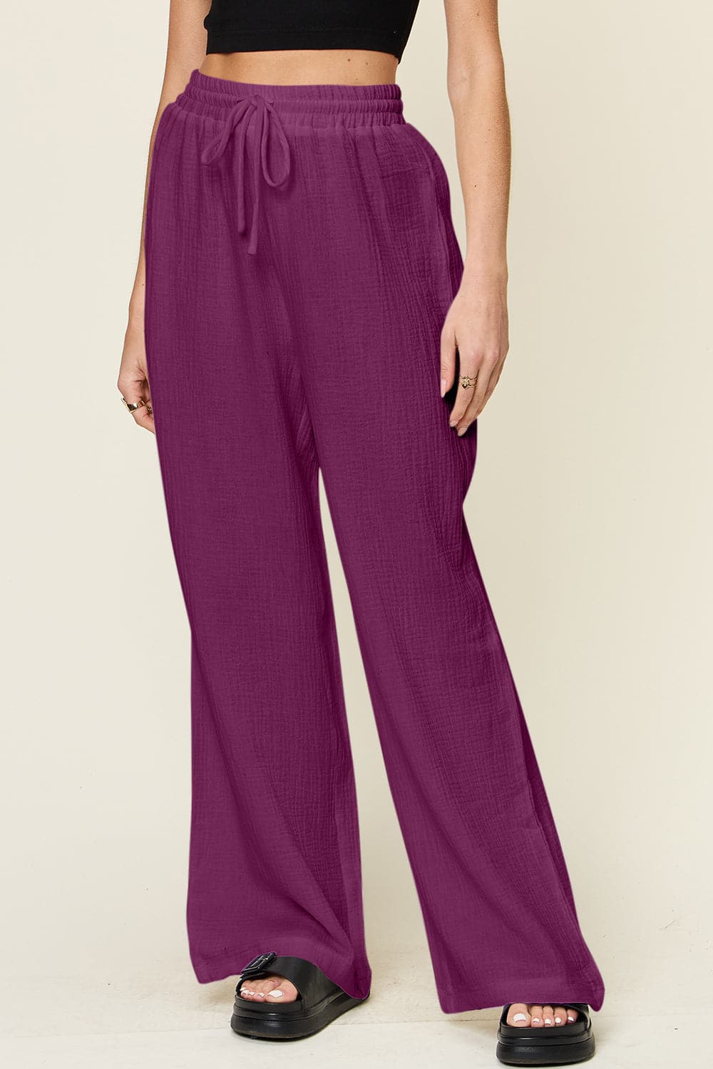 Double Take Full Size Texture Drawstring Wide Leg Pants.