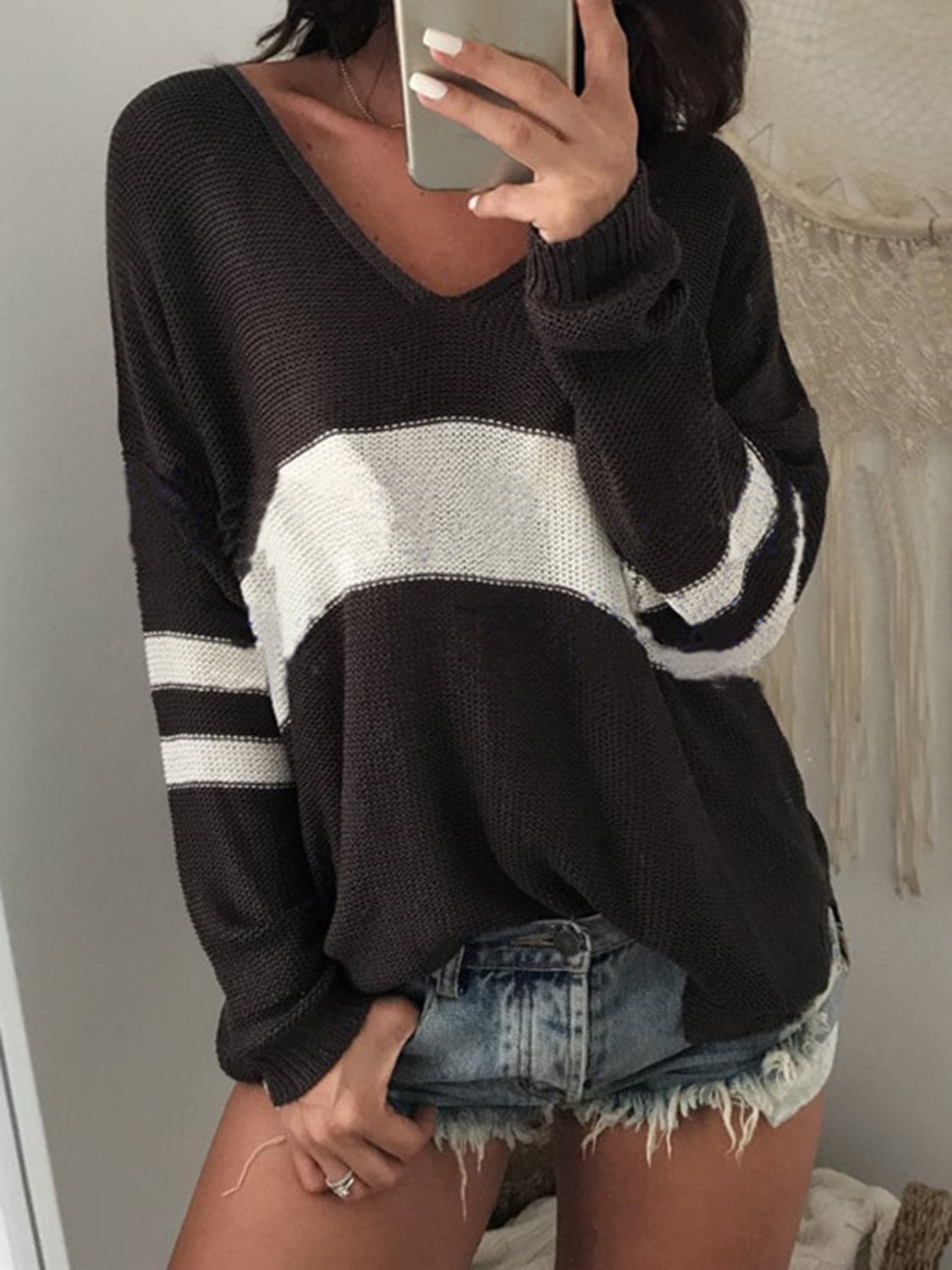 Striped V-Neck Long Sleeve Sweater.