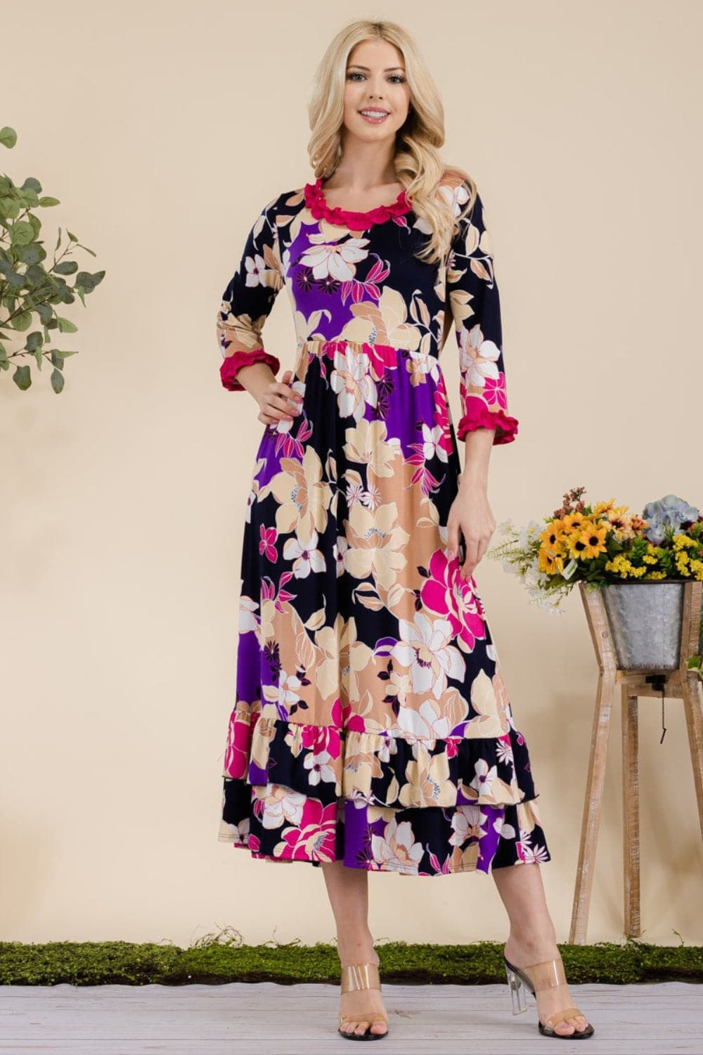 Celeste Full Size Floral Ruffled Midi Dress.