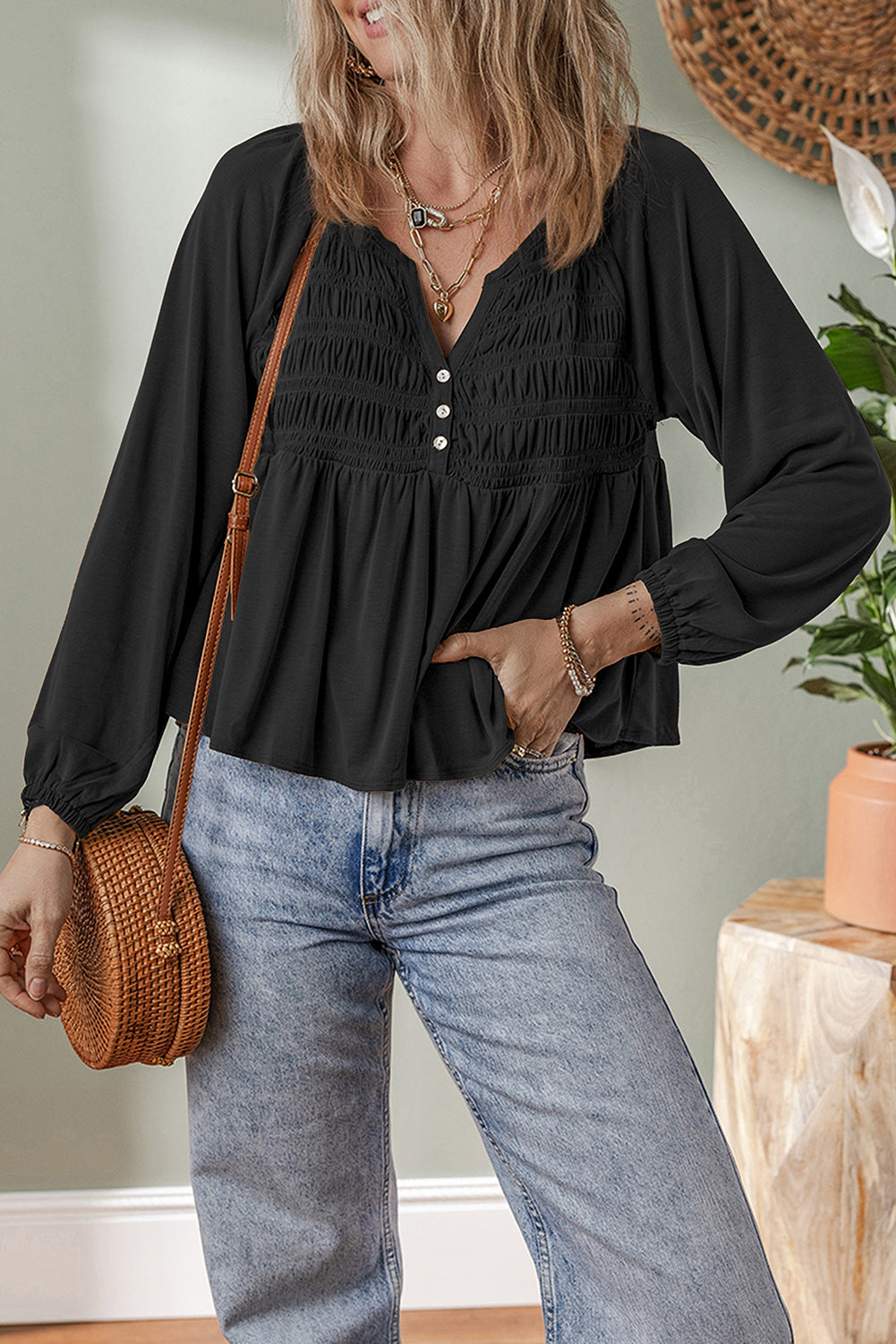 Black Smocked Bust Buttoned Split V Neck Flow Fit Blouse Dear-Lover Dropshipping