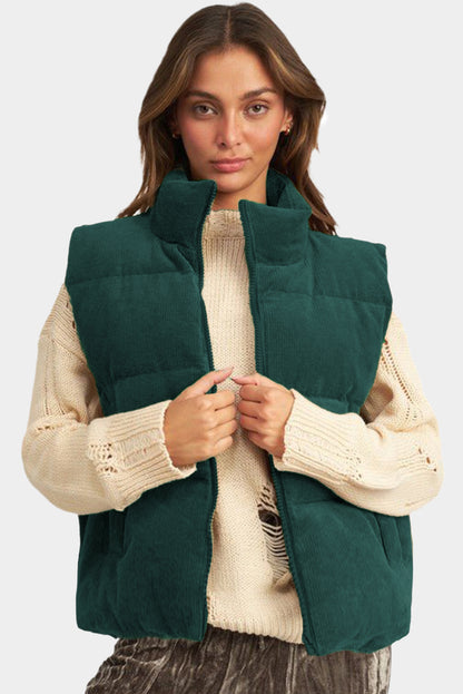 Jungle Green Corduroy Zipped Puffer Vest with Stand Neck Design