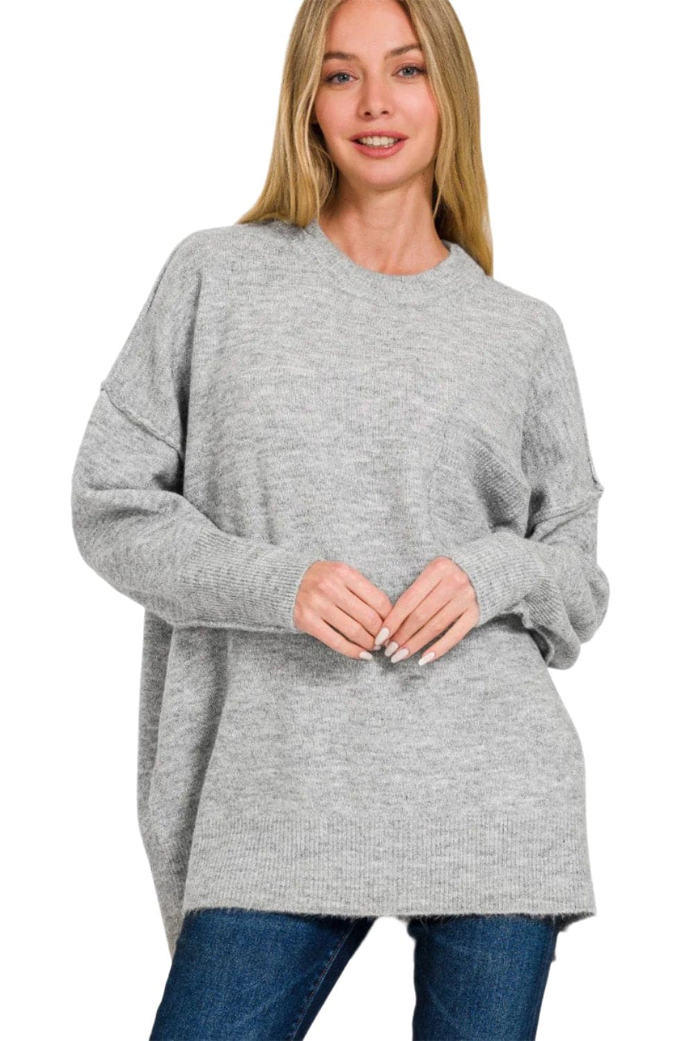 Zenana High-Low Hem Drop Shoulder Sweater.