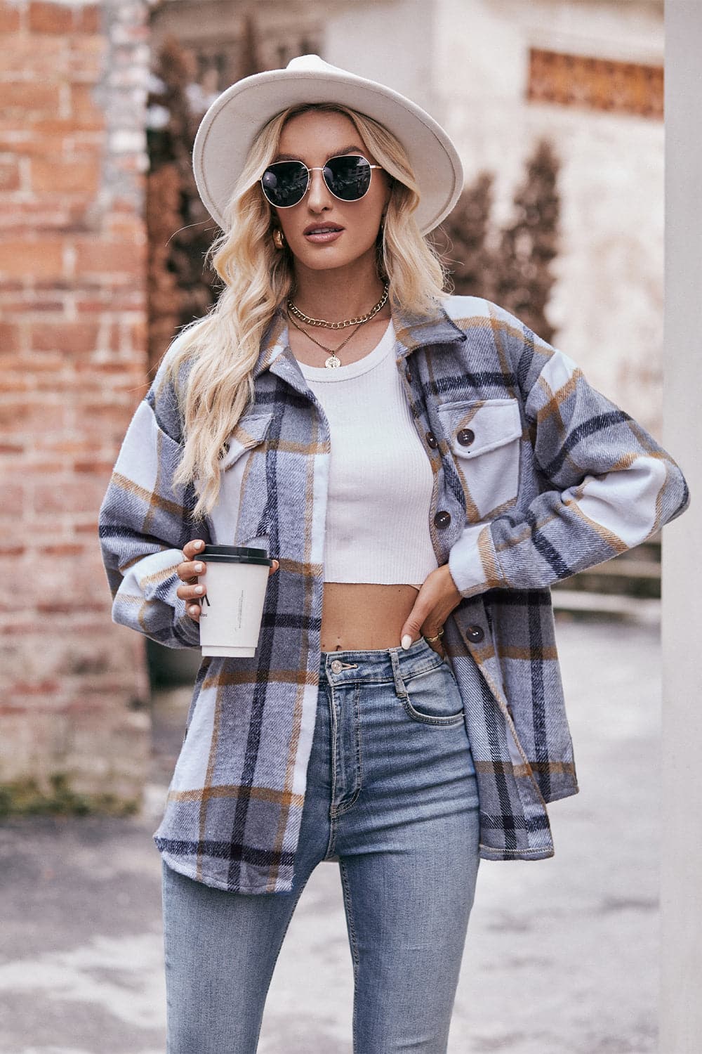 Plaid Long Sleeve Shirt Jacket with Pockets.