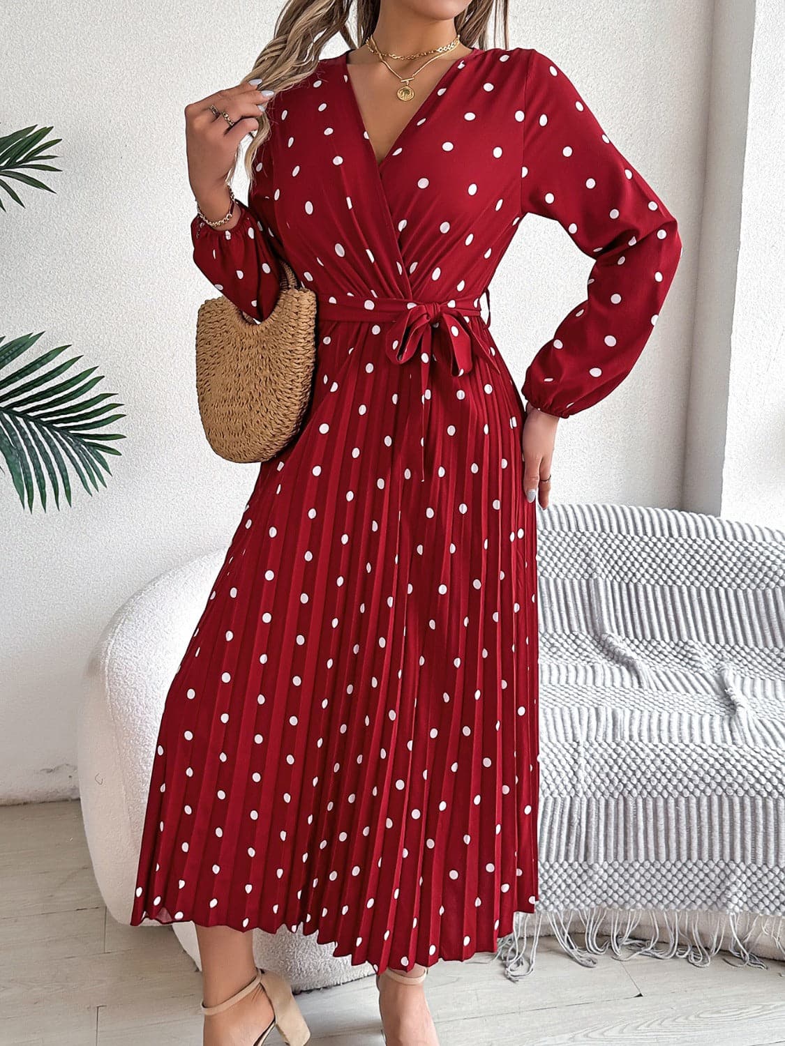 Tied Polka Dot Long Sleeve Midi Dress.