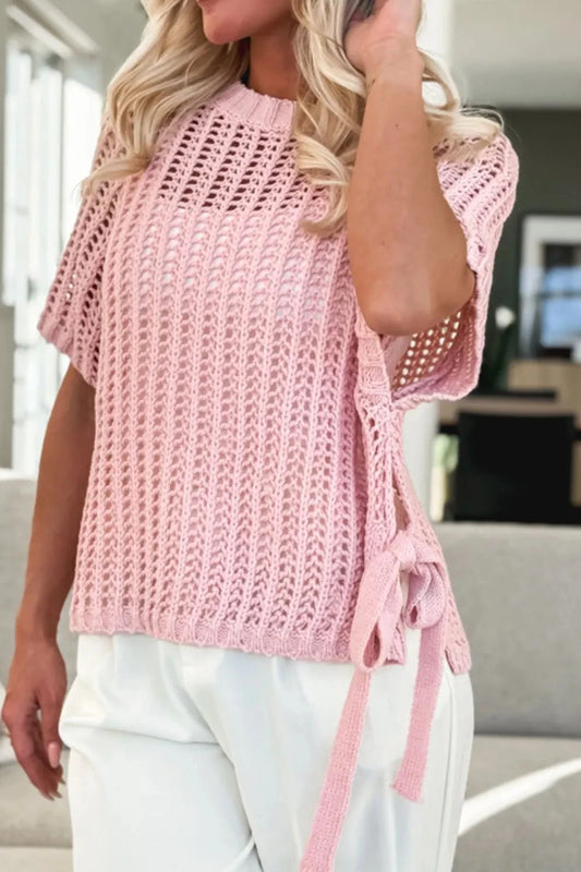Hollow-out Crochet Side Tied Short Sleeve Knit Cover Up Simply Love