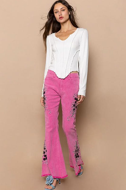 Embroidered Bohemian Flare Trousers with Raw Hem