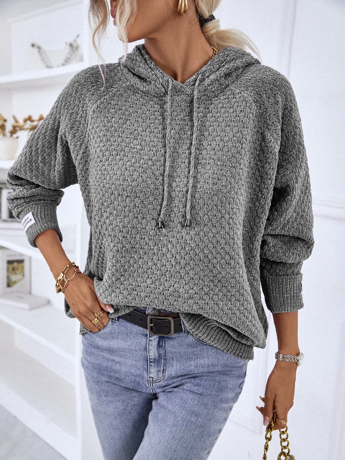 Texture Drawstring Long Sleeve Hooded Sweater.