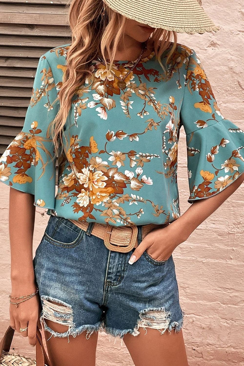 Printed Round Neck Half Sleeve Blouse.