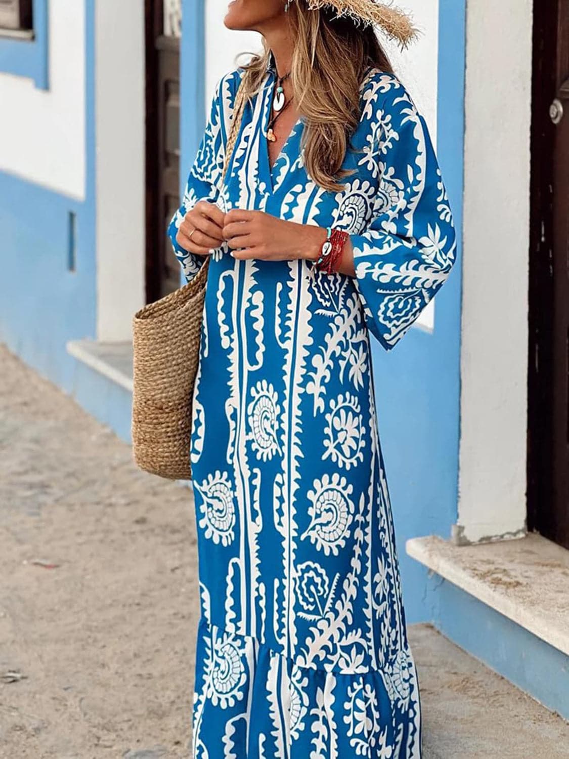 Floral printed notched half sleeve maxi dress