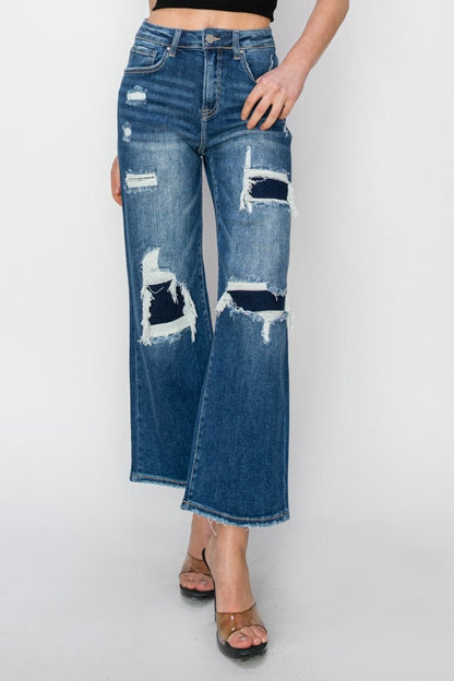 Risen Full Size High Rise Patch Detailed Wide Leg Crop Jeans.