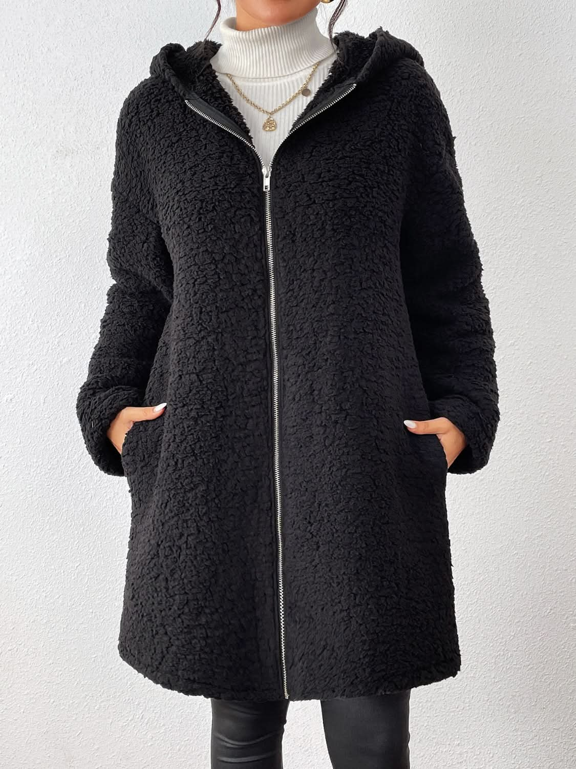 Cozy Zip-Up Sherpa Hoodie Coat with Long Sleeves