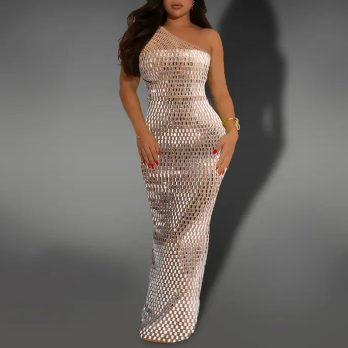 Women Wear Sexy Mesh Rhinestone Shoulder Sleeveless Dress Bella Mia