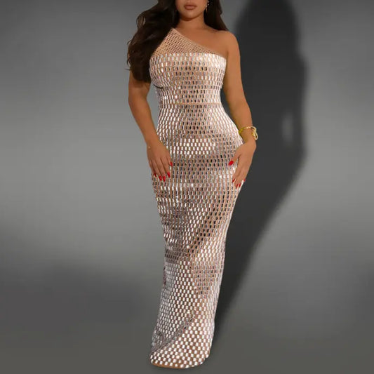 Women Wear Sexy Mesh Rhinestone Shoulder Sleeveless Dress Bella Mia