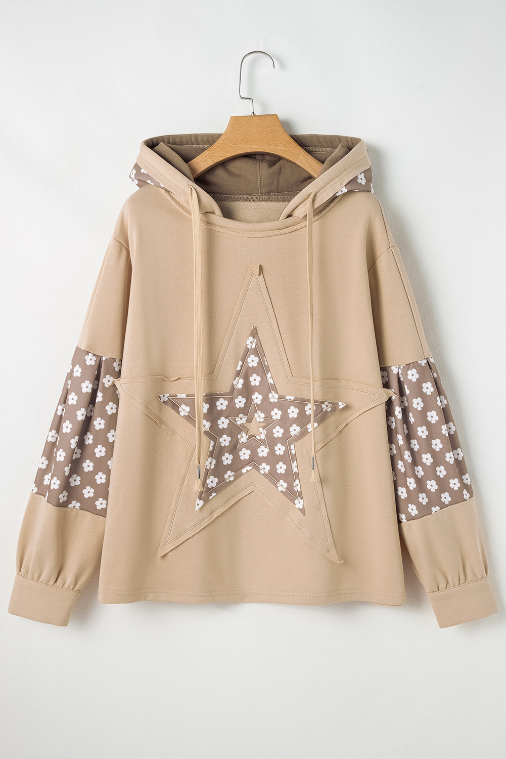 Floral star patchwork hoodie with adjustable drawstring