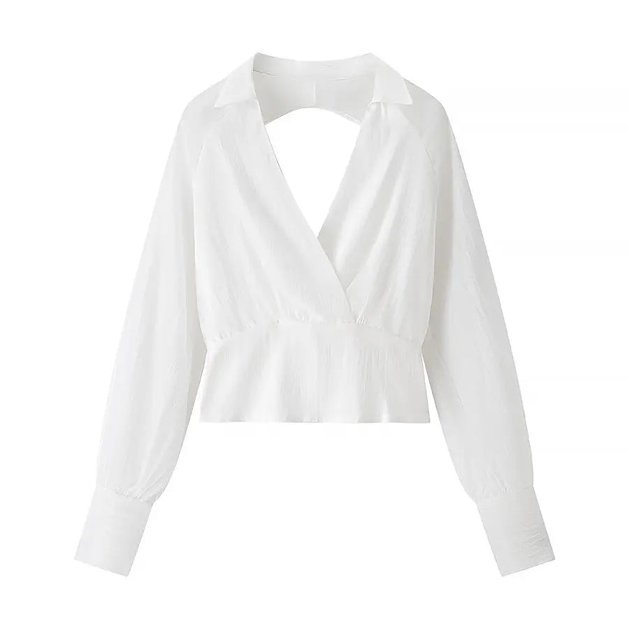 Vintage Collared Two Piece V Plunge Backless Long Sleeve Top And Pleated Skirt Bella Mia