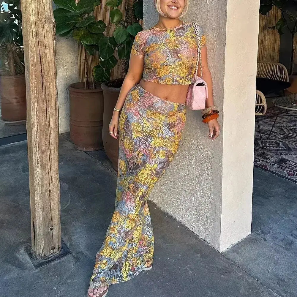 Printing Cropped Top Mid Length Skirt Set Bella Mia