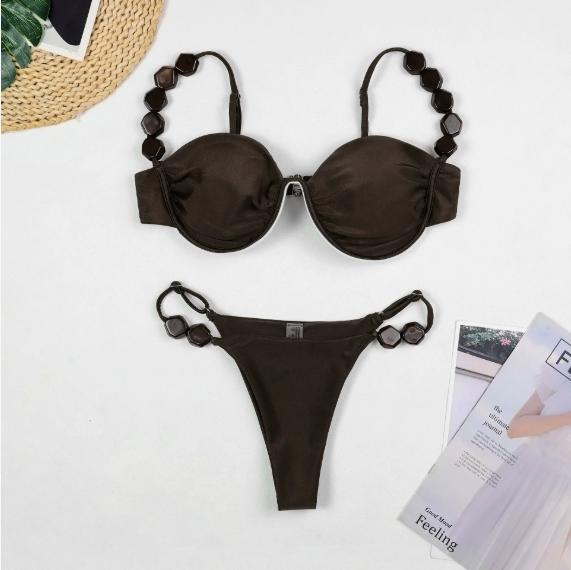 Steel Bracket Bikini Sexy Seaside Vacation Solid Color Split Swimsuit Women Bella Mia