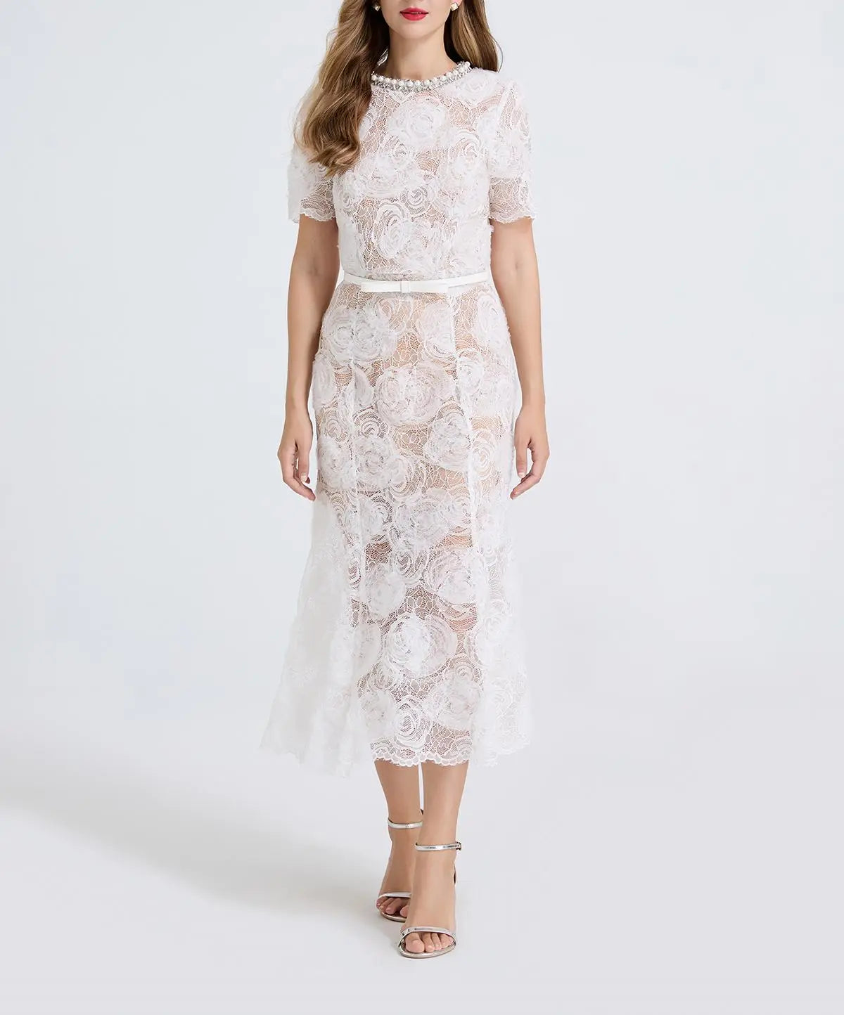 Women Sheer Lace Beaded Rhinestone Studded Fitted Fishtail Dress Bella Mia