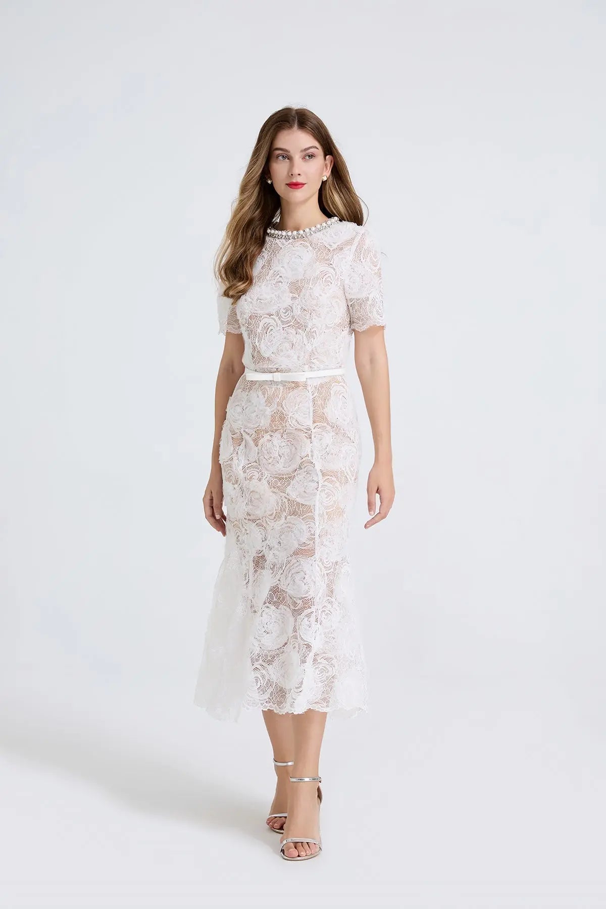 Women Sheer Lace Beaded Rhinestone Studded Fitted Fishtail Dress Bella Mia