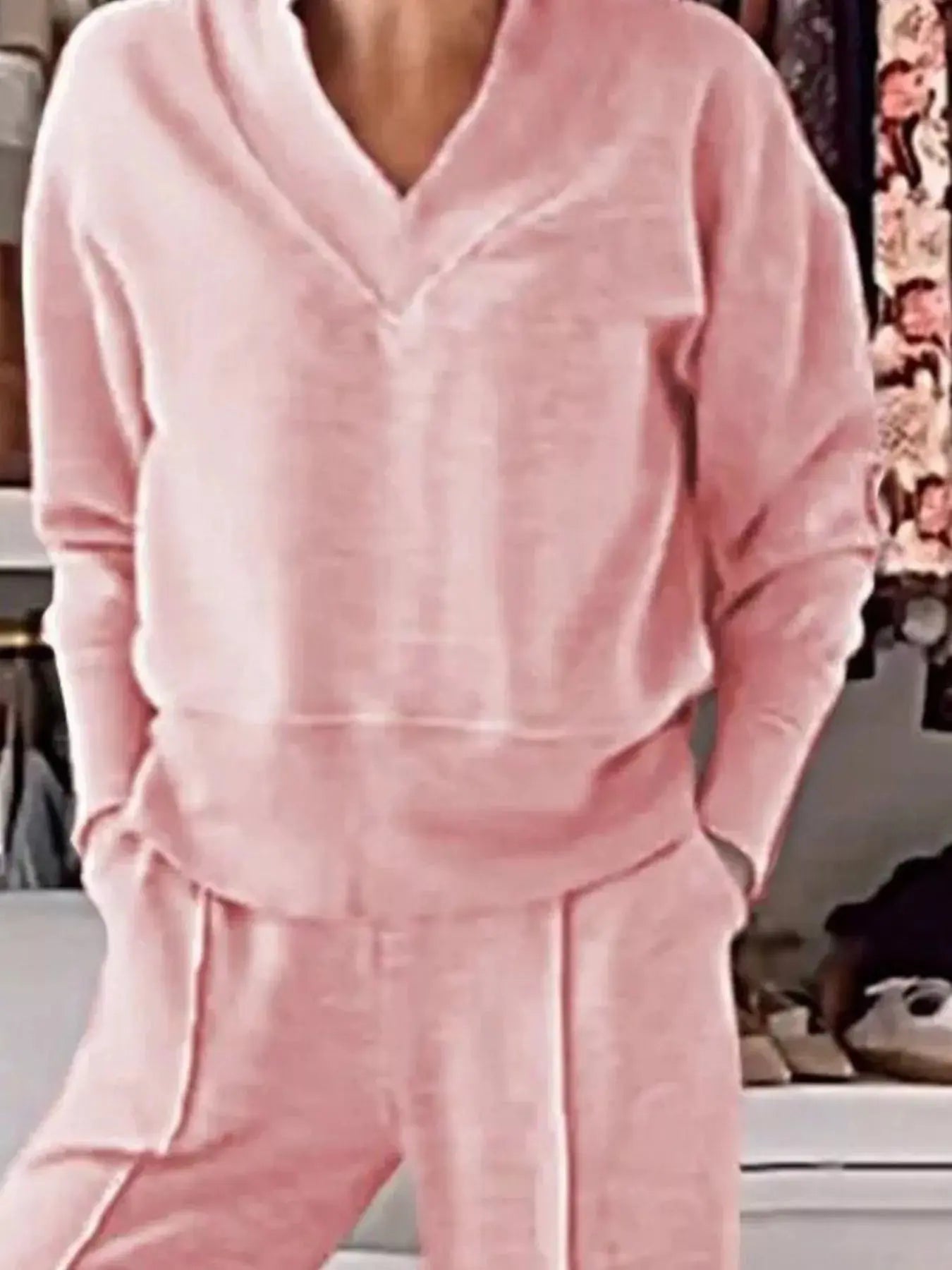 Full Size Cozy V-Neck Top and Pants Set Plus Size Simply Love