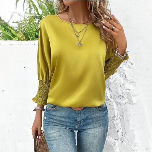 Casual Loose Women T shirt Smocking Batwing Sleeve Solid Color round Neck Top Spring Summer Women Bella Mia