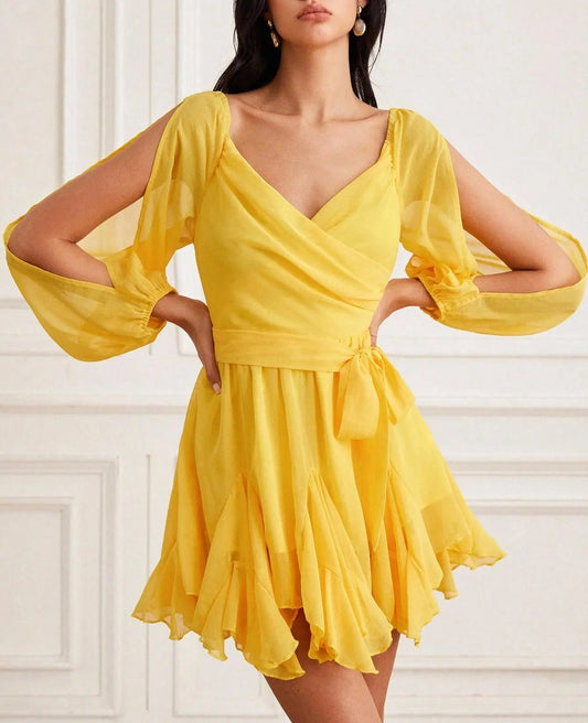 Women Clothing Fall Backless Cross Strap Lantern Sleeve Chiffon Dress Bella Mia
