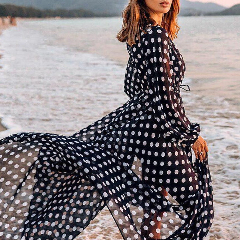 Loose Chiffon Polka Dots Cardigan Beach Cover-up Vacation Bikini Cover-up Sun Protection Shirt Women Bella Mia