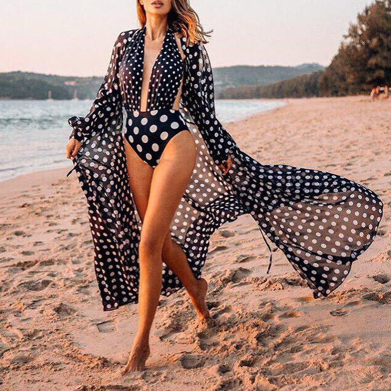 Loose Chiffon Polka Dots Cardigan Beach Cover-up Vacation Bikini Cover-up Sun Protection Shirt Women Bella Mia
