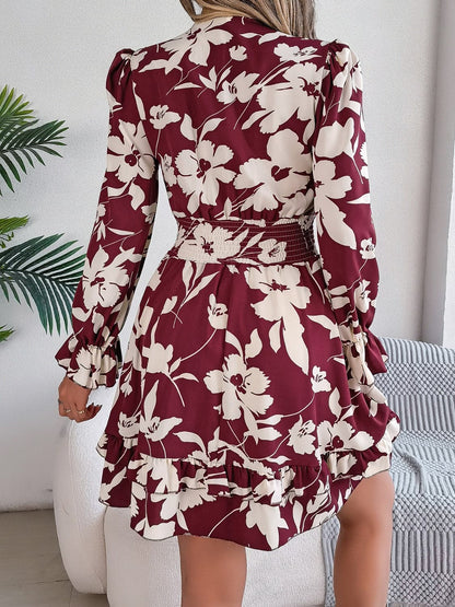 Tied Ruffled Printed Long Sleeve Dress.