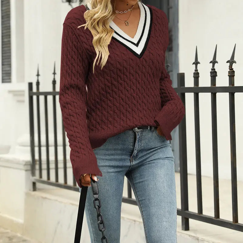 Autumn Winter Women Clothing Fashionable Loose All Match V neck Sweater Plaid Striped Sweater Bella Mia