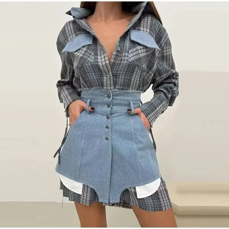 Women Plaid Shirtdress Two Piece Skirt Set with Pockets and Lace Up Details Bella Mia