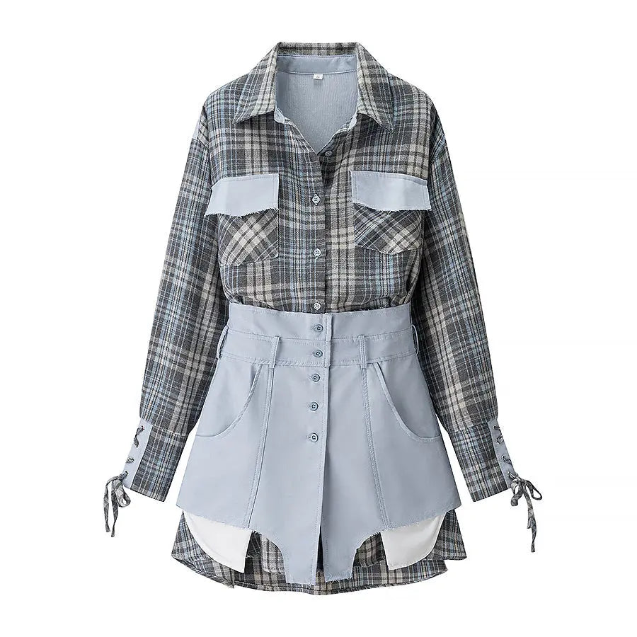 Women Plaid Shirtdress Two Piece Skirt Set with Pockets and Lace Up Details Bella Mia