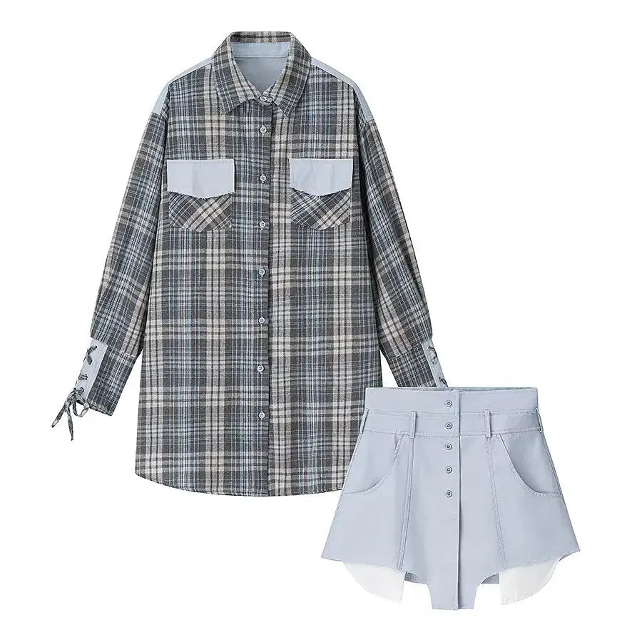 Women Plaid Shirtdress Two Piece Skirt Set with Pockets and Lace Up Details Bella Mia