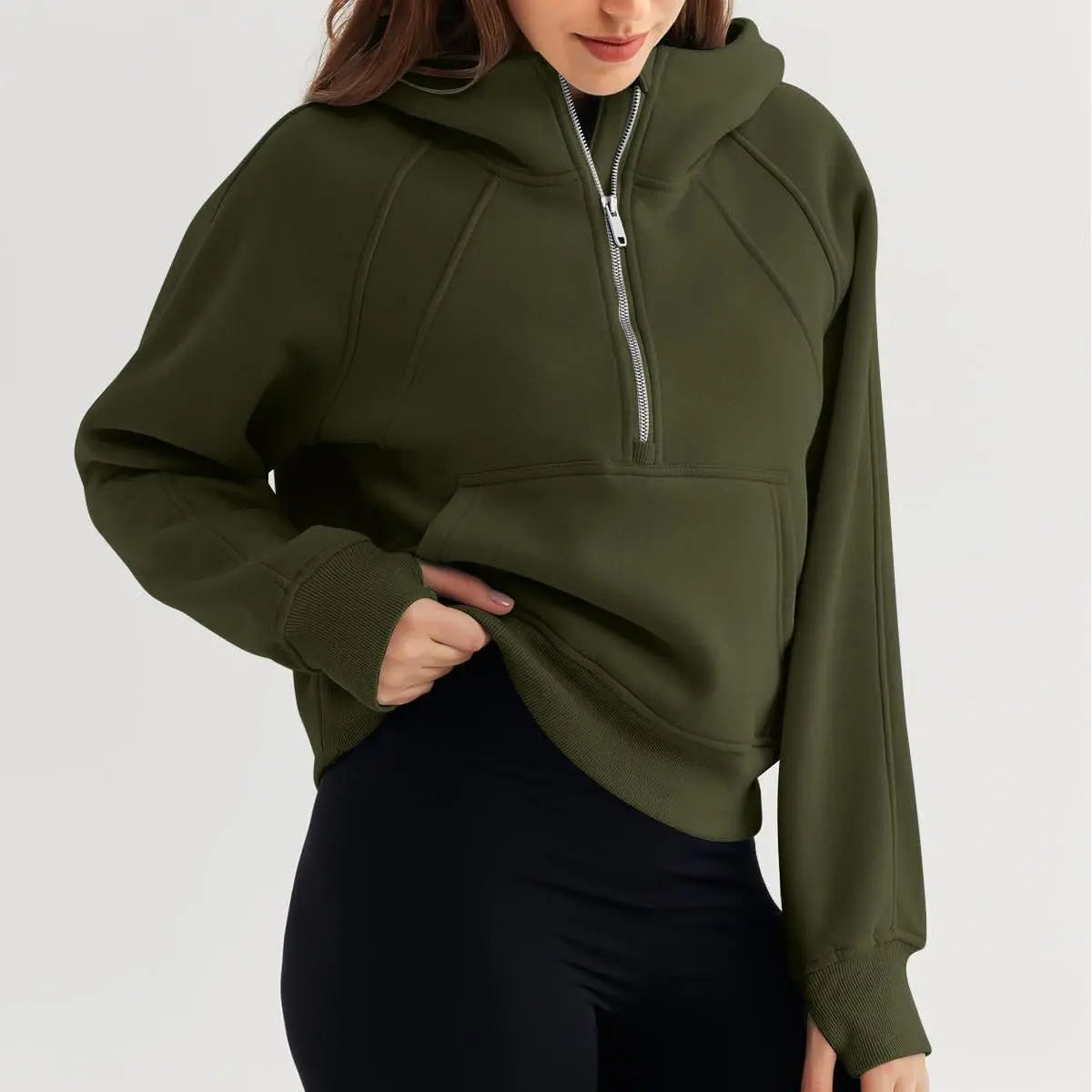Half Zipper Pullover Hooded Sweatshirt Fleece Short Chic Scuba Sweater for Women Bella Mia