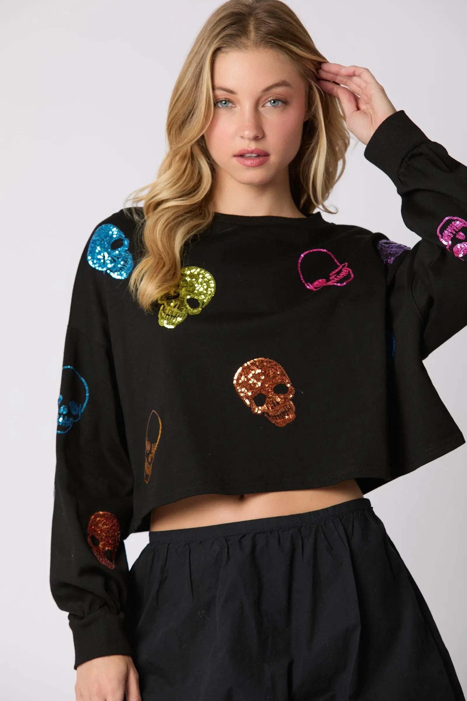 Skull Sequined Halloween Top For Women Loose Fit Casual Pullover Autumn Winter Bella Mia
