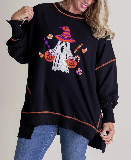 Autumn Winter Women Halloween Ghost Sequined Sweater Embroidered Casual Top for Women Bella Mia