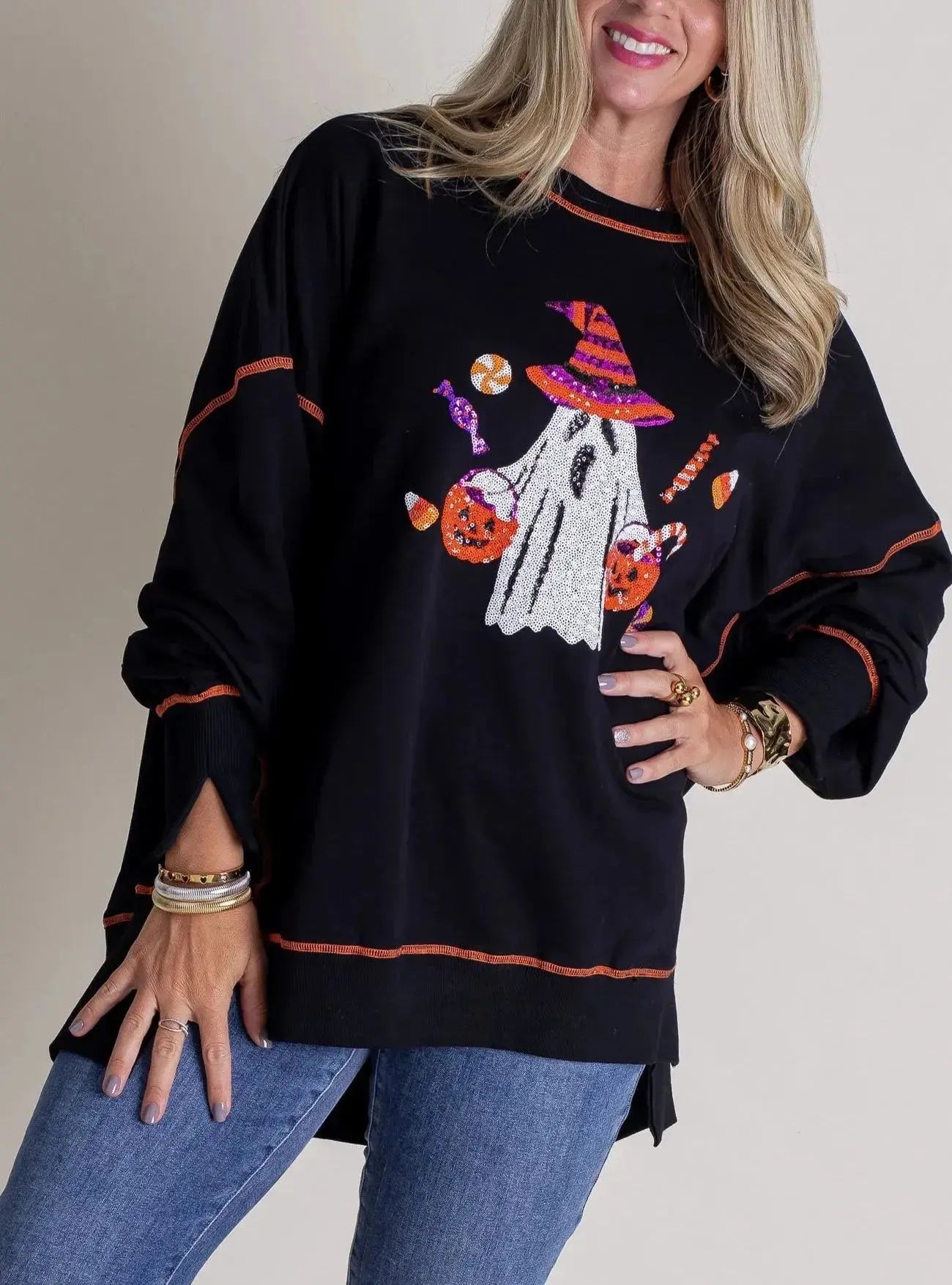 Autumn Winter Women Halloween Ghost Sequined Sweater Embroidered Casual Top for Women Bella Mia