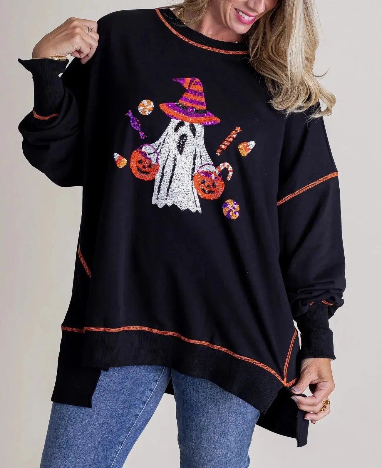Autumn Winter Women Halloween Ghost Sequined Sweater Embroidered Casual Top for Women Bella Mia