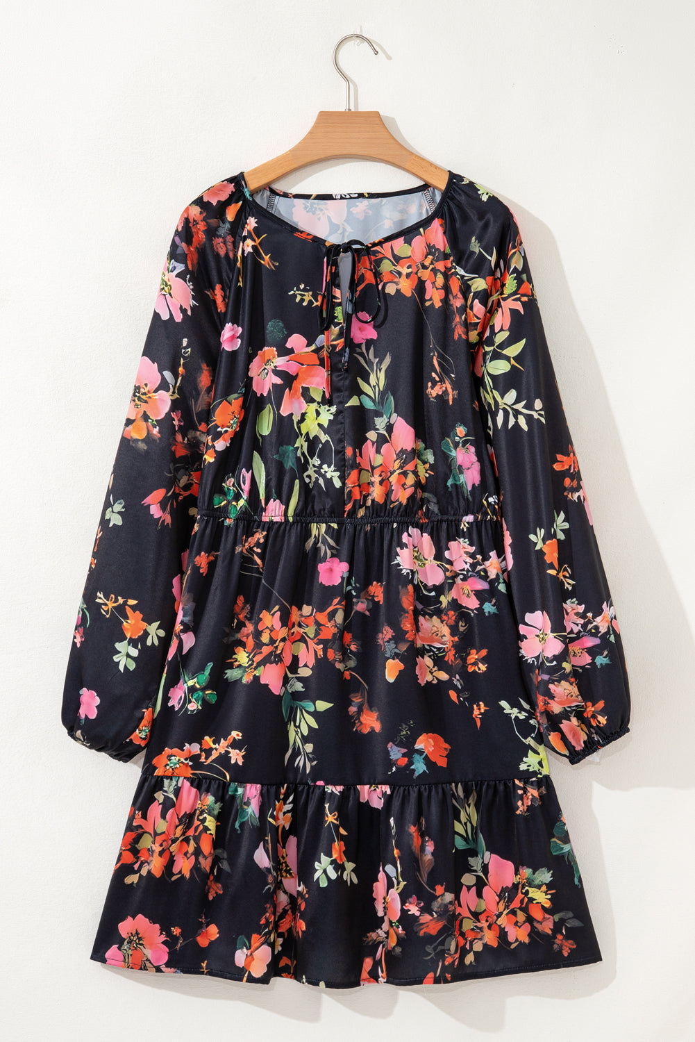 Black Plus Size Floral Print Tie Neck Cinched Waist Dress