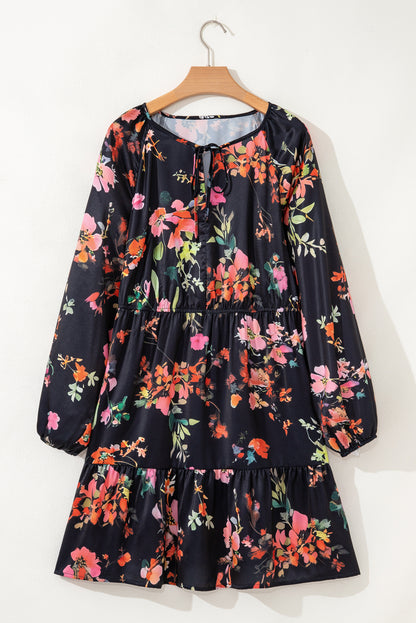 Black Plus Size Floral Print Tie Neck Cinched Waist Dress