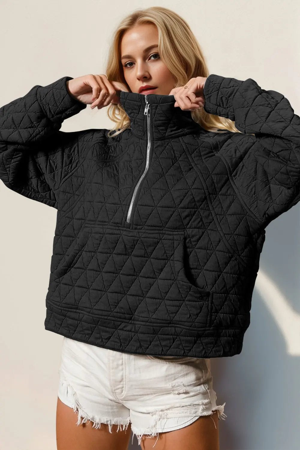 Double Take Half Zip Long Sleeve Quilted Sweatshirt with Pocket - Love Salve